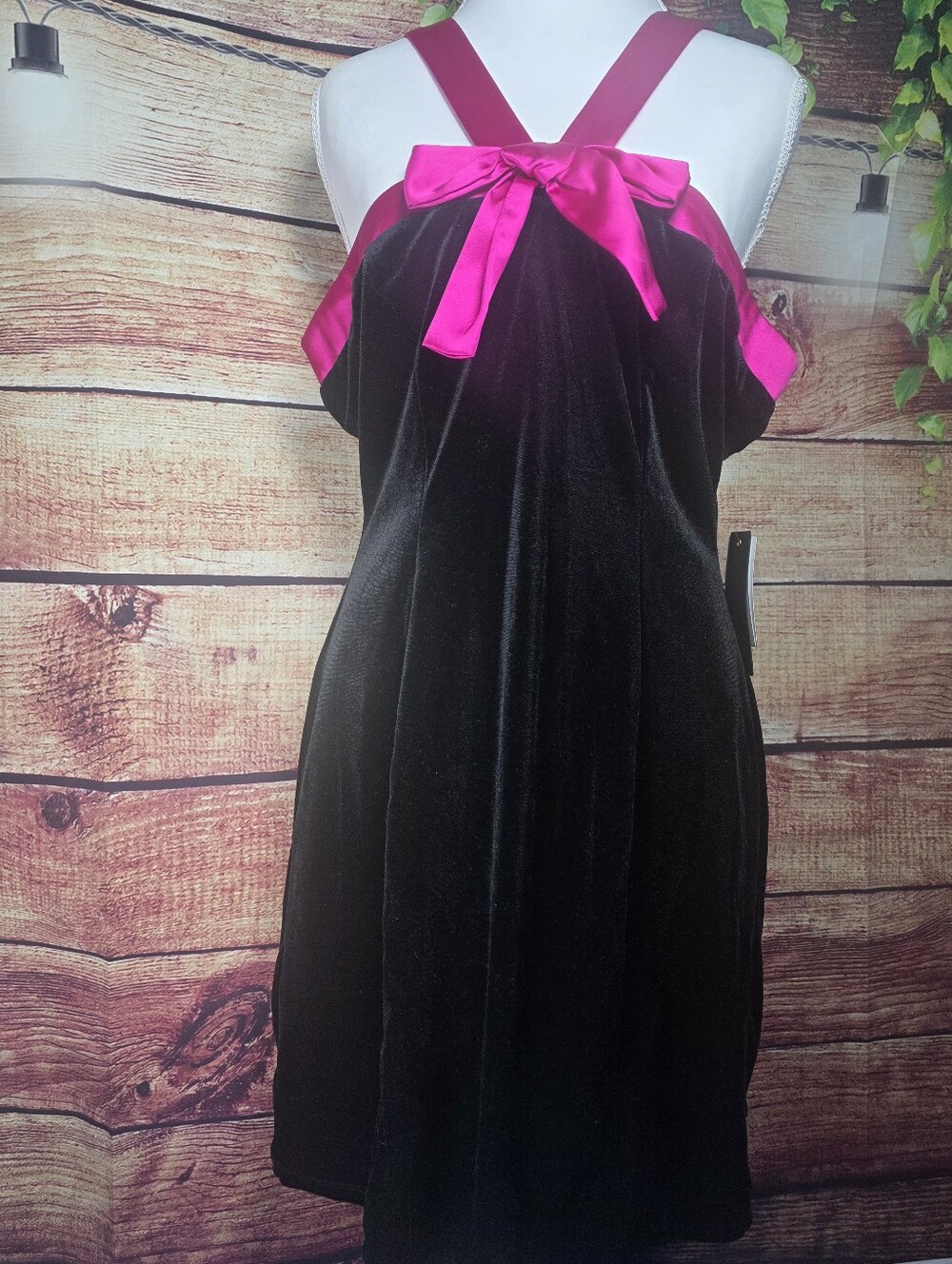 City Studio Black Velvet Dress with Hot Pink Satin Bow